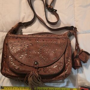 Patricia Nash Brown Leather Crossbody Bag with Cut-Out Design